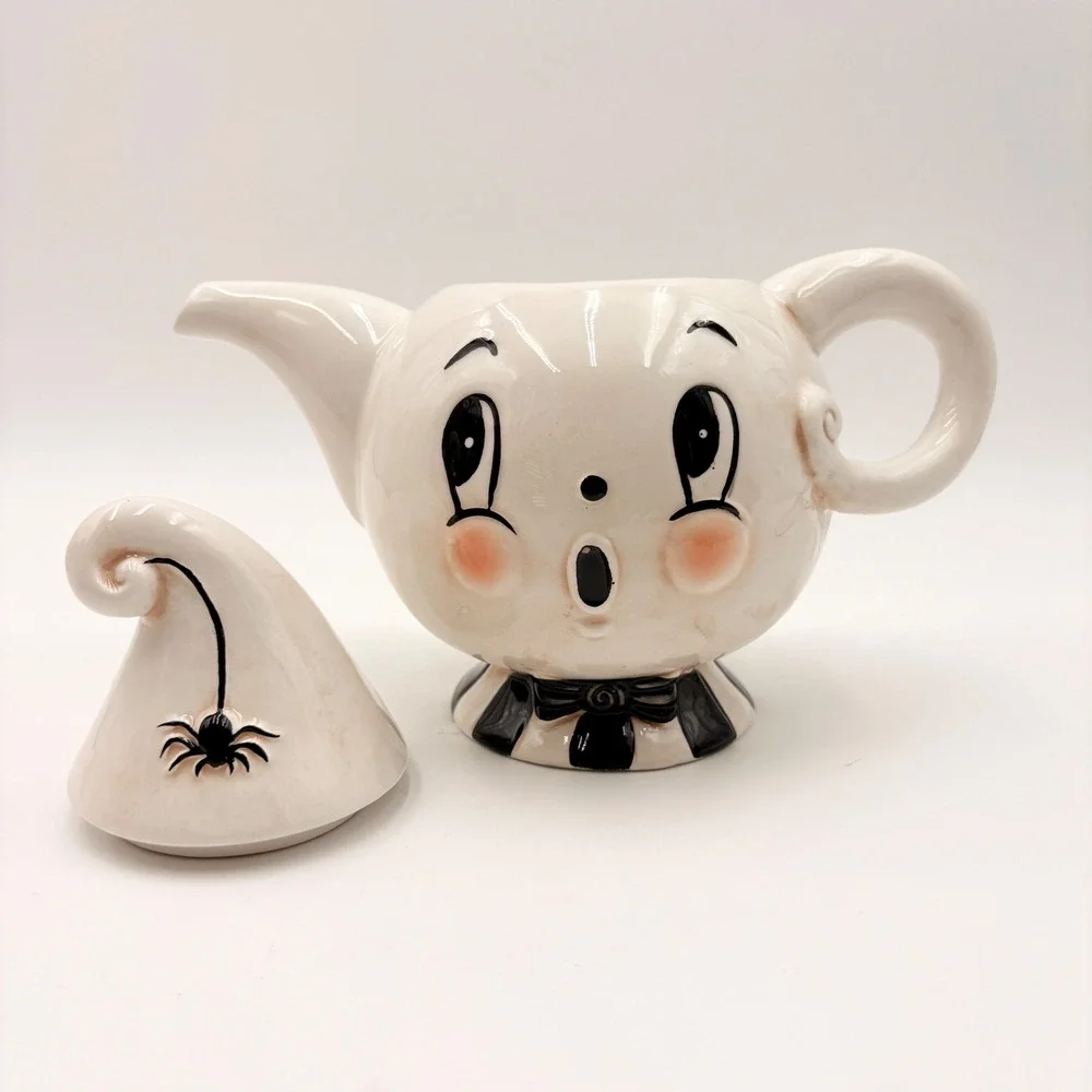 Johanna Parker Ghost Teapot Halloween Ceramic Spider Hat Striped Base White